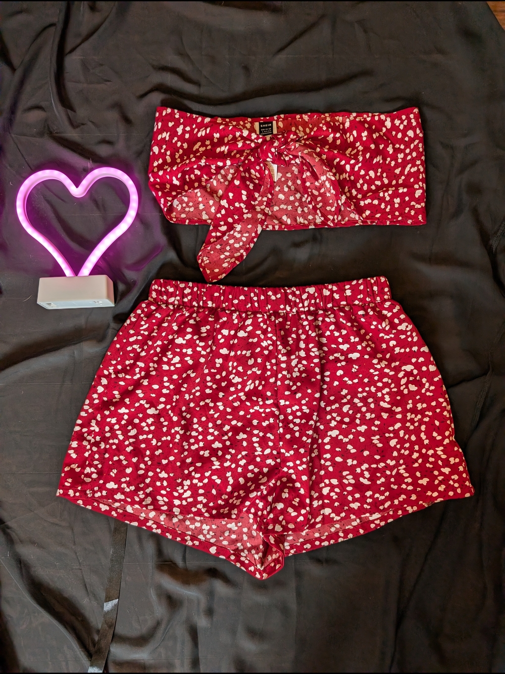 SHEIN Red Heart Print Bandeau & Shorts Beach Vacation Travel Summer Set